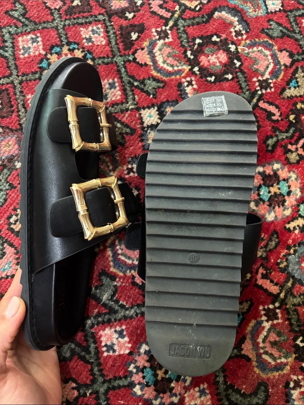 Jason Wu Black Sandal Slides with Gold Buckles